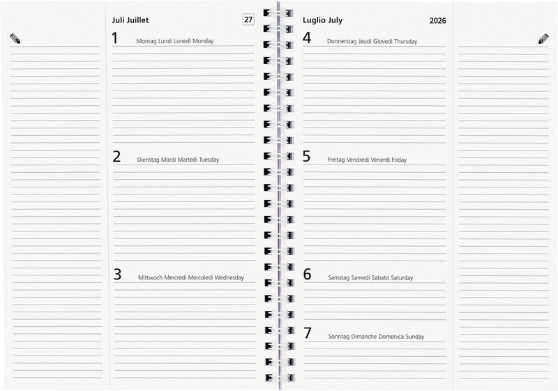 Biella Poly Tischagenda – 1 Woche/2 Seiten, Spiralbindung, 14,8 × 20,8 cm, 2026, mehrsprachig, weiss, FSC