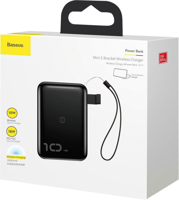 Baseus Powerbank 10000 mAh, 1× USB-C, 1× USB-A, kabelloses Laden, für Smartphones, Tablets, schwarz