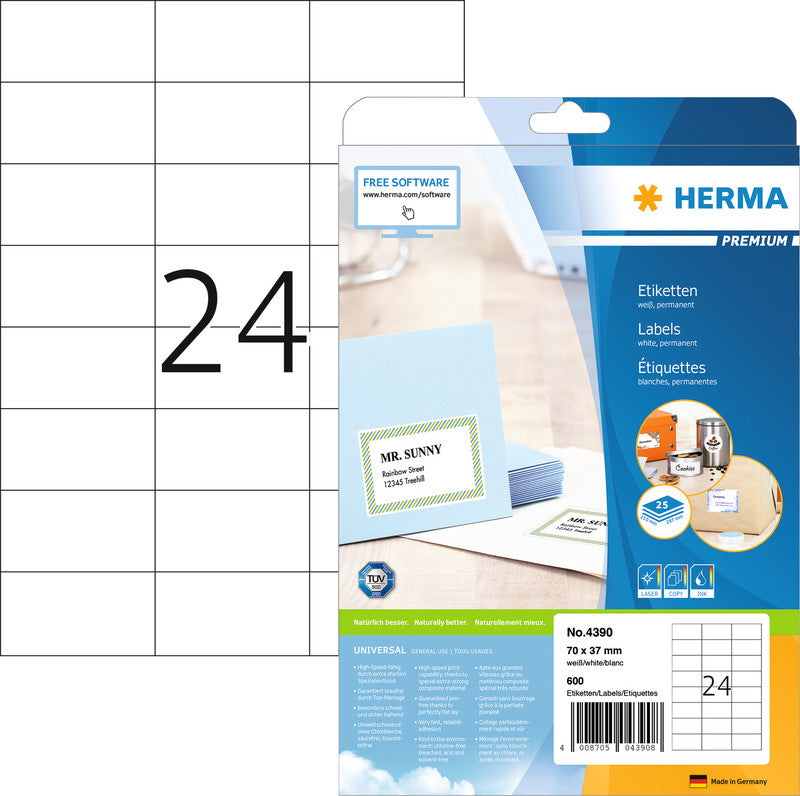 HERMA Etiketten, 70 mm × 37 mm, weiss, Papier, permanent, 25 Blätter (600 Etiketten)
