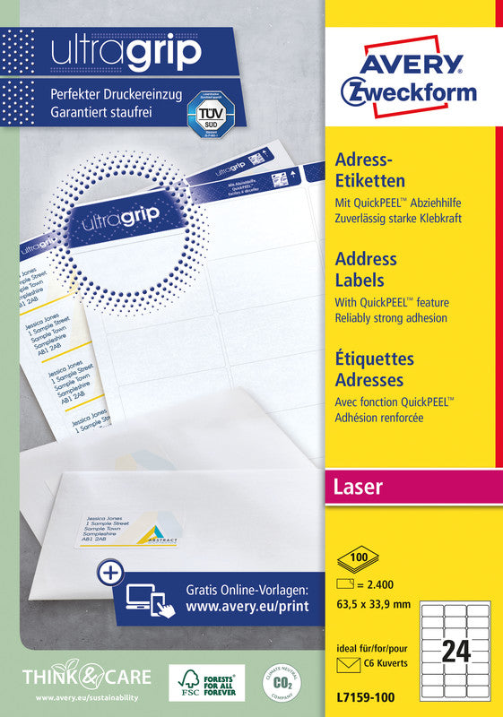 Avery Zweckform – Adressetiketten, 64 mm × 34 mm, weiss, Papier, permanent, 100 Blätter (2'400 Etiketten)