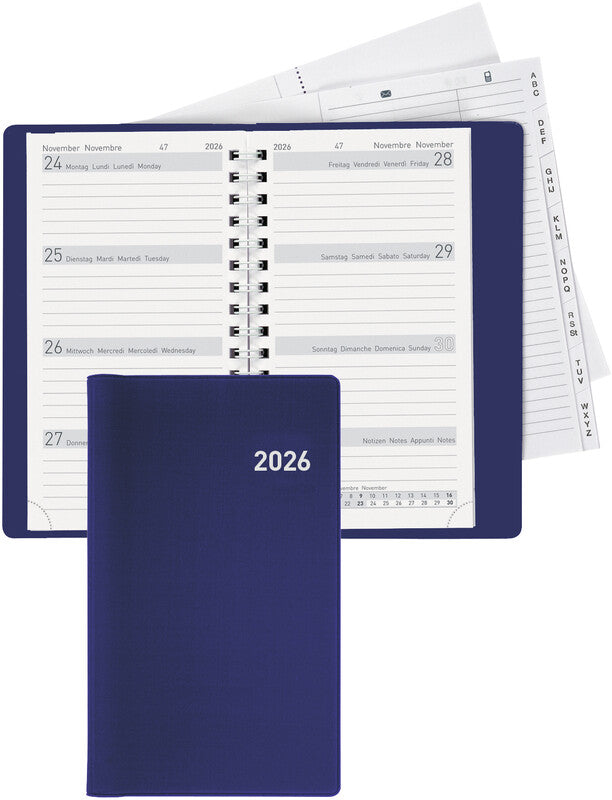 Biella Brüssel Agenda – 1 Woche/2 Seiten, Spiralbindung, 8,5 × 15,3 cm, 2026, Dunkelblau, FSC