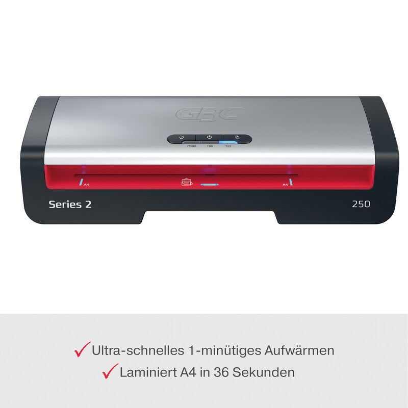 GBC Laminiersystem 250 Laminiergerät A4 – 2-Rollen, 75–125 µm, Aufheizzeit 1 Min., 500 mm/min, Silber