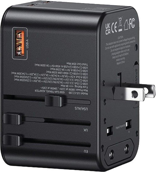 Usams Reiseadapter T62 – 52,6 × 54,7 mm, schwarz, 1× USB-A, 2× USB-C, 65 W, Schiebefunktion, für EU, US und mehr