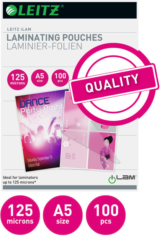 Leitz Laminierfolien A5, glänzend – 125 µm, 153 × 216 mm, 100 Stk.