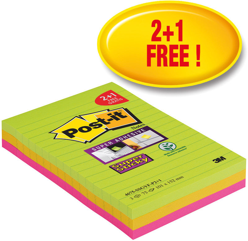 Post-it Super Sticky Haftnotizen – 101×152 mm – sortiert (neongrün, ultragelb, ultrapink), 3×75 Blatt, PEFC