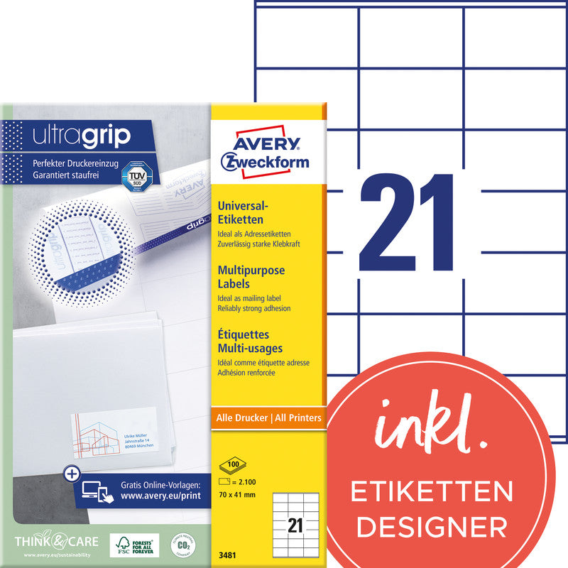 Avery Bogenetiketten, 70 mm × 41 mm, weiss, Papier, permanent, 2100 Etiketten (100 Blätter)
