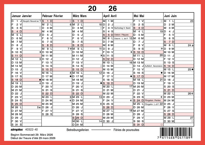 Simplex Tafelkalender – zweisprachig Deutsch/Französisch – 2026 – zweiseitig, Notizfeld – A6 quer