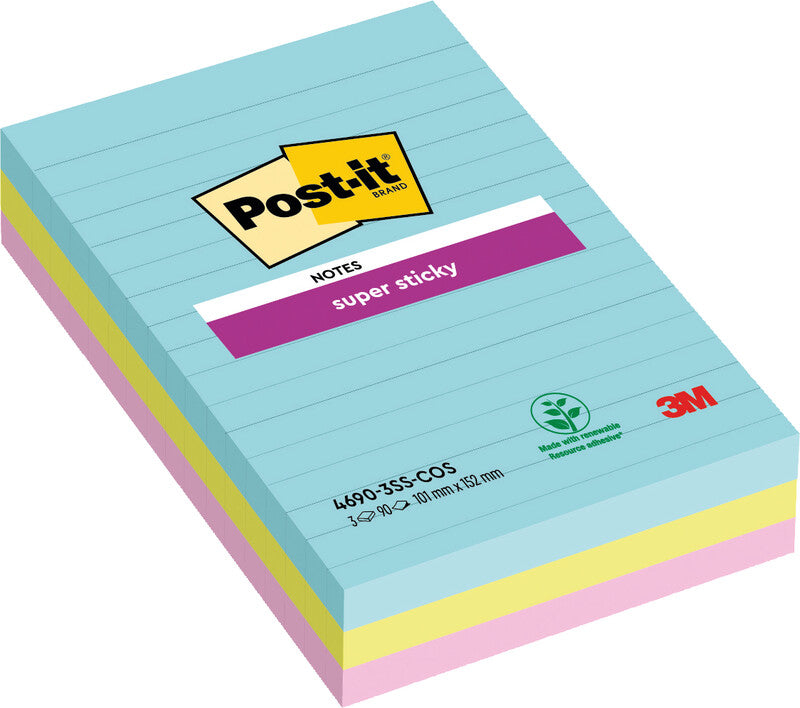 Post-it Super Sticky Haftnotizen – 101×152 mm – sortiert, 3×90 Blatt