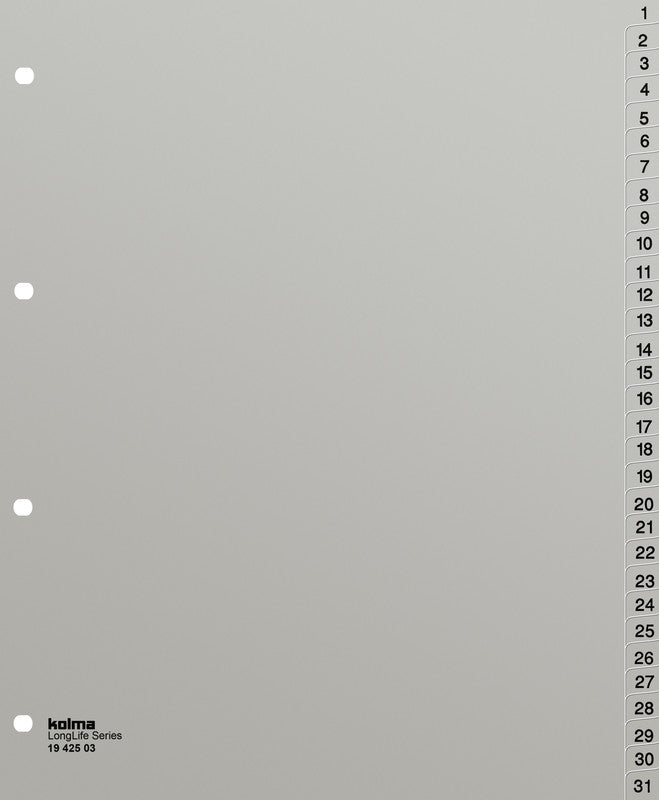 Kolma LongLife XL Register – 31-teilig, PVC, grau, vorgedruckt, 4-fach Lochung, für A4 hoch überbreit