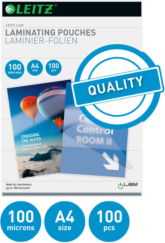 Leitz Laminierfolien A4, glänzend – 100 µm, 216 × 303 mm, 100 Stk.