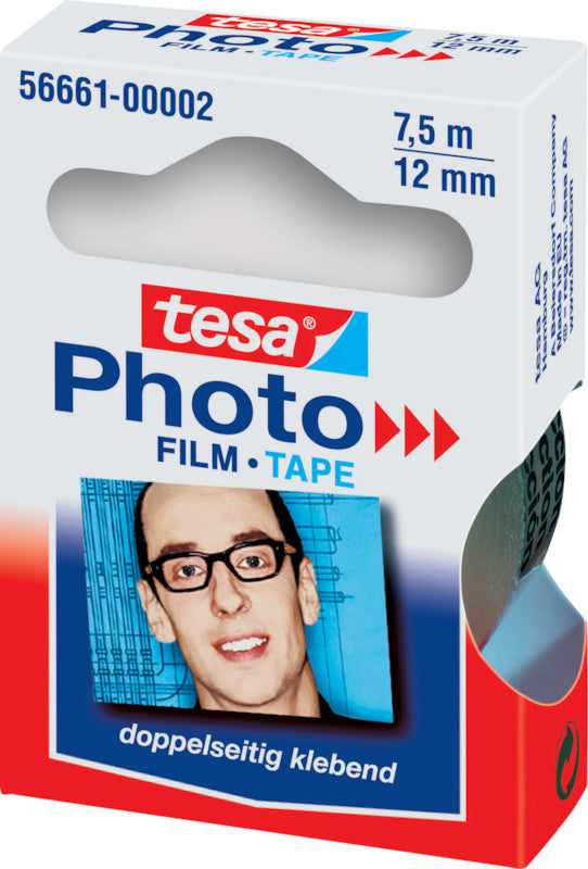 TESA Doppelseitiges Klebeband Photo – permanent, Kunststoff, 12 mm × 7,5 m, transparent, Nachfüllrolle