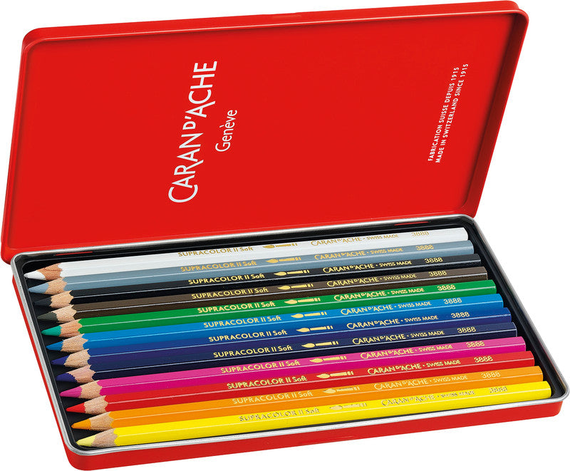 Caran d-Ache Caran d'Ache Supracolor Soft Aquarellfarbstifte – 12 Farben, im Metalletui, Ø 3,8 mm, FSC