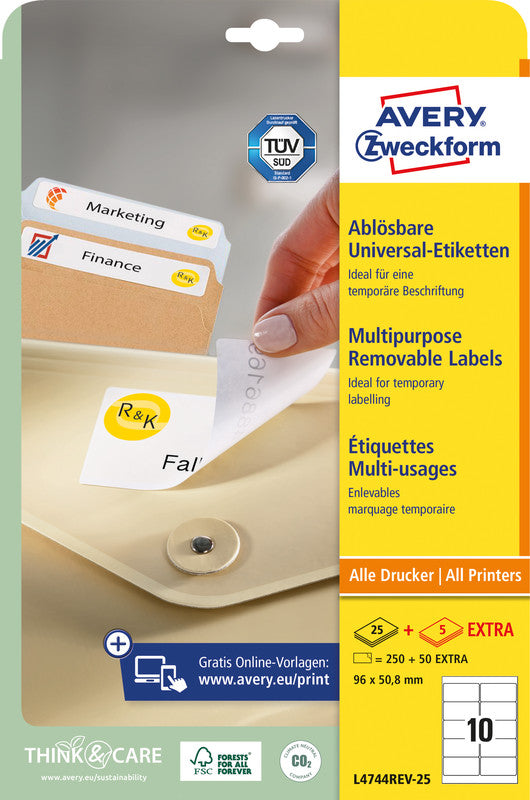 Avery Druckeretiketten, 96 mm × 51 mm, weiss, Papier, wiederablösbar, 30 Blatt (300 Etiketten)