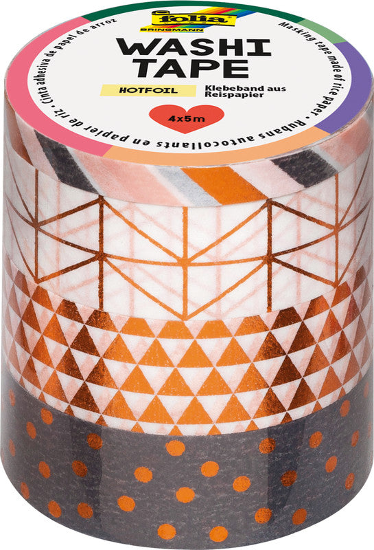 Folia Washi-Tape-Set – sortiert, kupfer – 4 Rollen (1 × 5 mm × 5 m, 3 × 15 mm × 5 m)