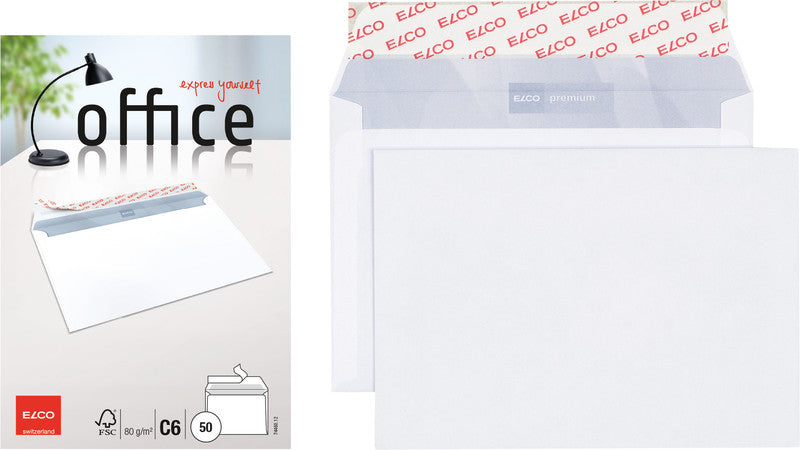 Elco Couvert C6, ohne Fenster, selbstklebend, hochweiss, 80 g/m², mit Innendruck – 50 Stk.