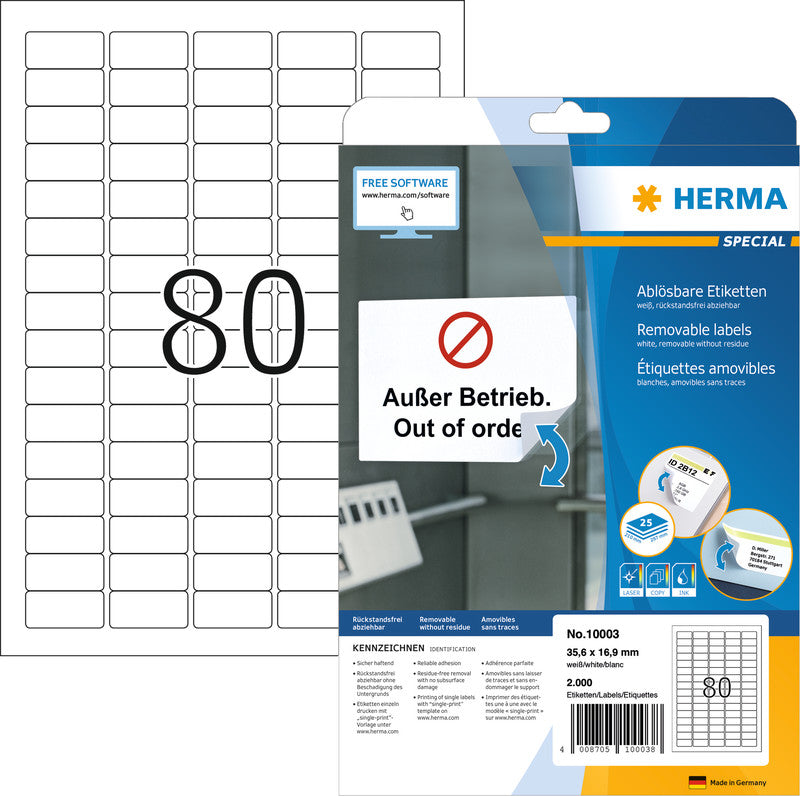 HERMA Druckeretiketten, 36 mm × 17 mm, weiss, Papier, ablösbar, 25 Blätter (2'000 Etiketten)