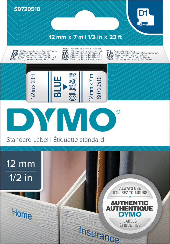 DYMO Schriftband – 12 mm × 7 m, transparent, blau – für LabelPoint: 200, 250, 300, usw.