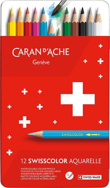 Caran d-Ache Caran d'Ache Aquarellfarbstifte Swisscolor Aquarelle – 12 Farben, im Metalletui, Ø 2,8 mm, FSC