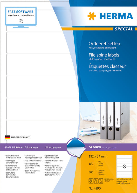 HERMA Ordneretiketten, 192 mm × 34 mm, weiss, Papier, permanent, 800 Etiketten (100 Blatt)