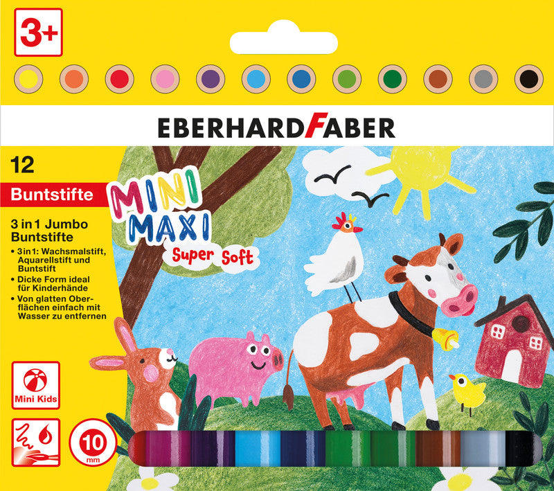 Eberhard Faber 3-in-1 Farbstifte Jumbo Mini Maxi – 12 Farben, Ø 10 mm