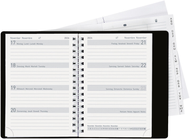 Biella Memento Taschenagenda – 1 Woche/2 Seiten, Wire-O, 10,1 × 14,2 cm, 2026, mehrsprachig, schwarz, FSC