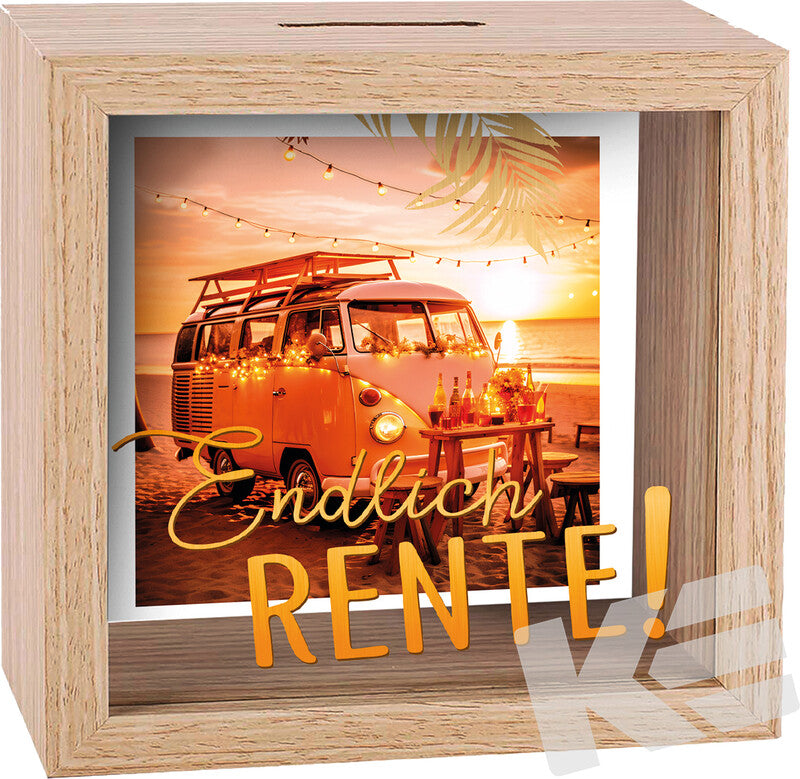 Kurt Eulzer Spardose Endlich Rente – Holz, natur – 11 × 11 × 2 cm