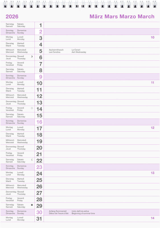 Biella Wandkalender – viersprachig D/F/I/GB – 2026 – Spiralbindung – 21 × 29,7 cm