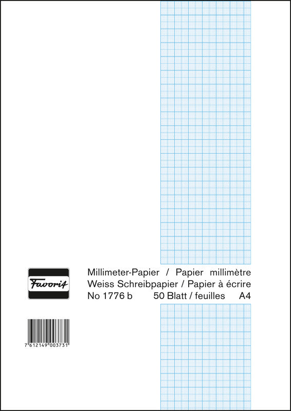 Favorit Millimeterpapier-Block A4 – Netz blau, einseitig, 80 g/m², 50 Blatt