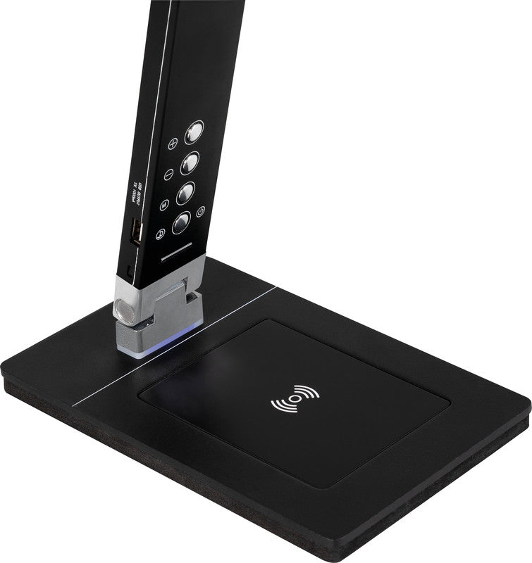 Hansa LED Tischleuchte Magic Plus – Qi & USB, 5-stufig dimmbar – 3000–6000 K – 500 lm 10 W – schwarzes Aluminium