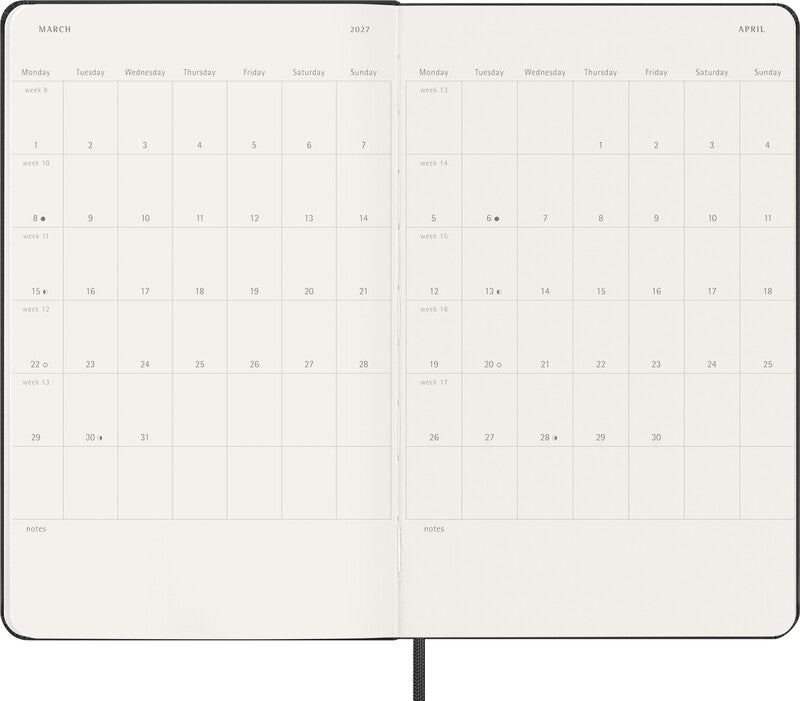 Moleskine Hardcover Wochenagenda – 1 Woche/2 Seiten, gebunden, 13 × 21 cm, Jan–Dez, 2027, schwarz, FSC