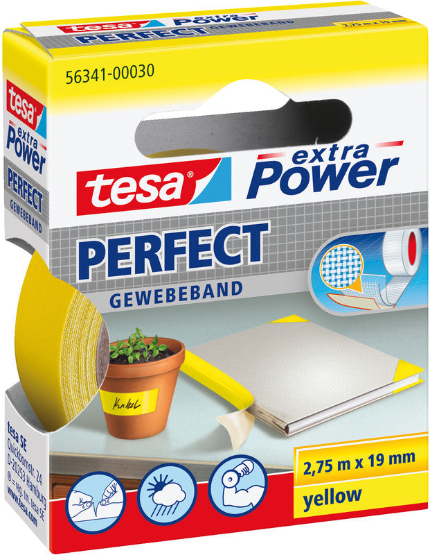 TESA Büro-Klebeband – permanent, strukturiert, Zellwollgewebe/Kunststoff, 19 mm × 2,75 m, gelb, Kern Ø 26 mm