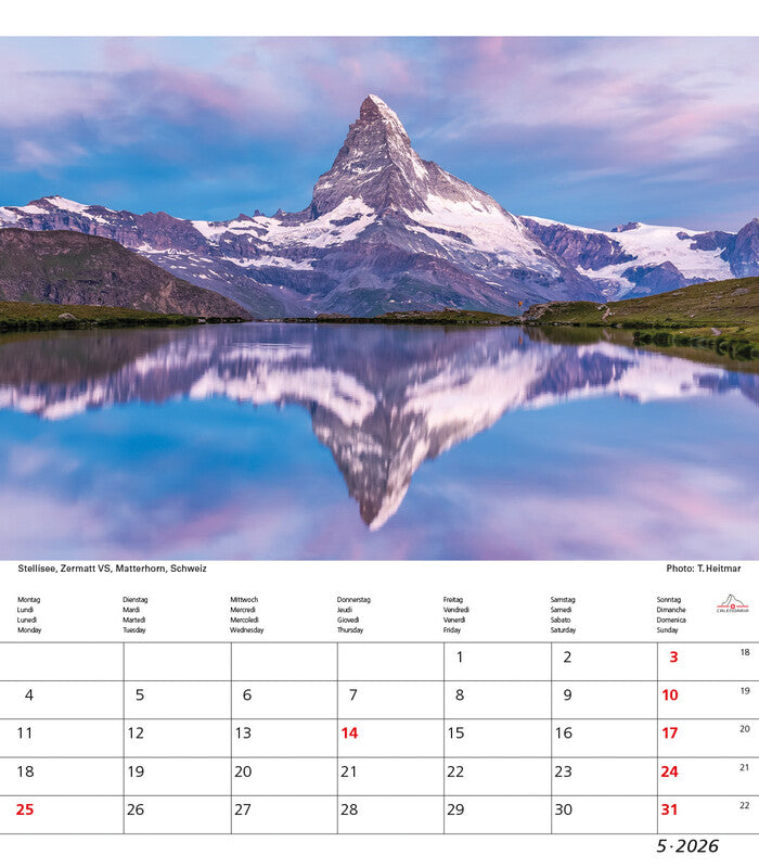Calendaria Bildkalender Schweiz 2026 – 21 × 24 cm – mit Tagesfeldern, mit Aufhänger