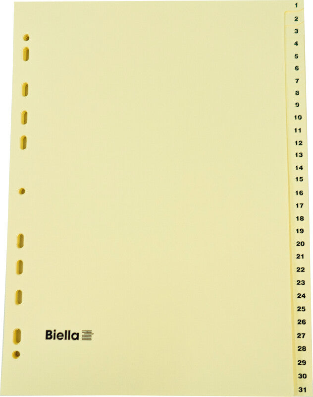 Biella Register – A4, 31-teilig, Papier, gelb, vorgedruckt, 11-fach Lochung, für A4