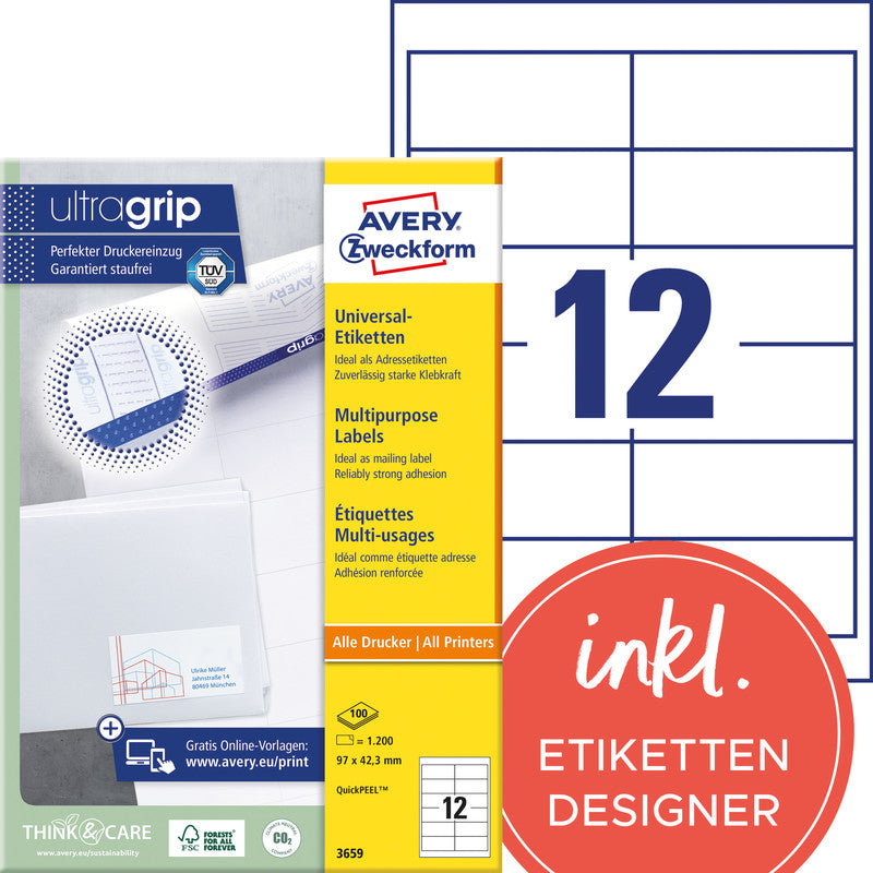 Avery Druckeretiketten, 97 mm × 42 mm, weiss, Papier, permanent, 1200 Etiketten (100 Blatt)