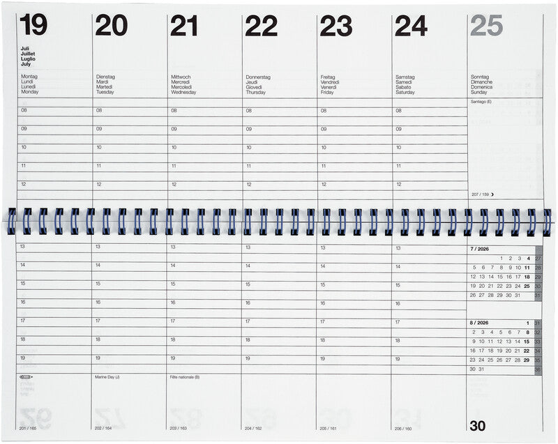 Biella Agenda – 1 Woche/2 Seiten, Spiralbindung, 29,8 × 11,7 cm, 2026, mehrsprachig, schwarz, FSC