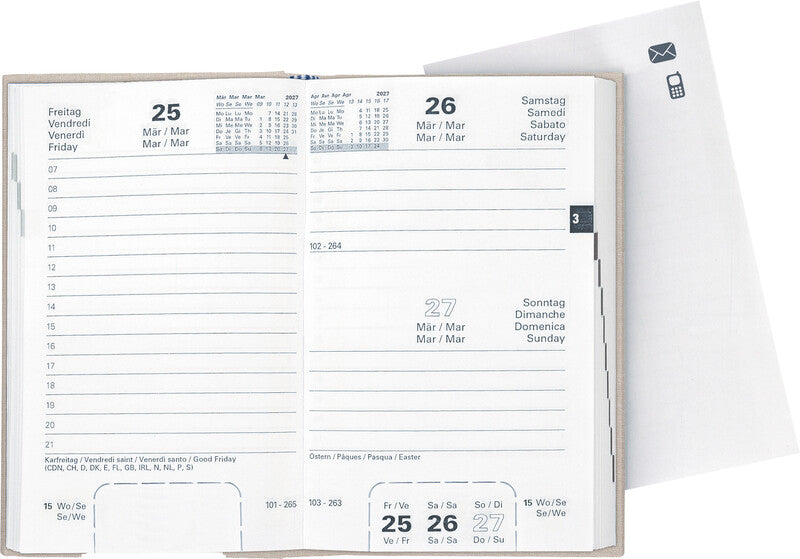 Biella Disponent Agenda – 1 Tag pro Seite, gebunden, 10,1 × 16 cm, 2027, 1-h-Takt, mehrsprachig, beige, FSC