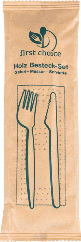 First choice ELCO Besteck-Set Holz – Messer, Gabel, Serviette, 16,5 cm, Braun, 50 Stück