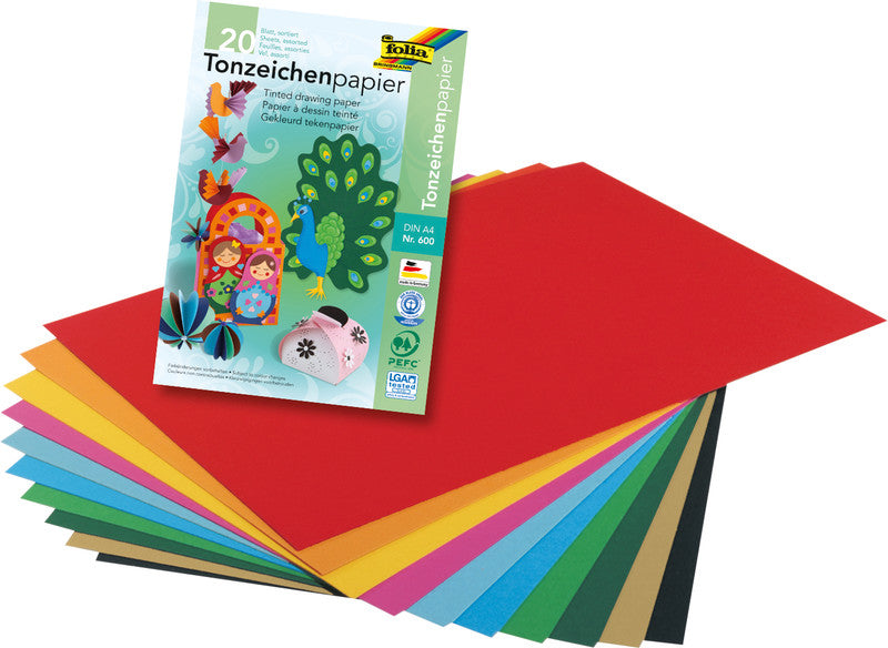 Folia Zeichenpapier A4, 130 g/m², 20 Blatt, mehrfarbig, matt, strukturiert, geleimt, säurefrei, PEFC