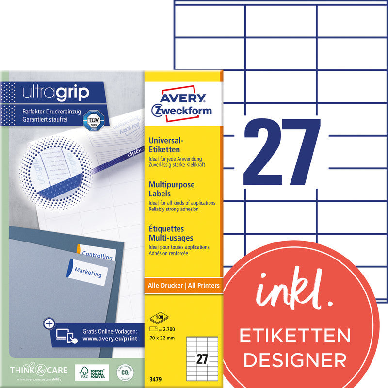 Avery Druckeretiketten, 70 mm × 32 mm, weiss, Papier, permanent, 2700 Etiketten (100 Blatt)