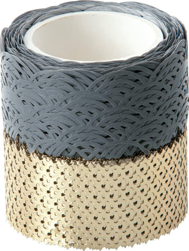 Folia Washi Tape Spitzenbordüre – wiederablösbar, Hotfoil, Papier, 25 mm × 5 m, Grau/Gold, 2 Rollen