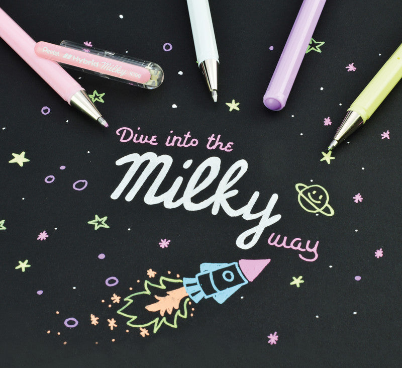 Pentel Hybrid Gel Milky Gelschreiber 7er Etui – 7 Farben, 0,4 mm, für dunkles Papier, Kappe