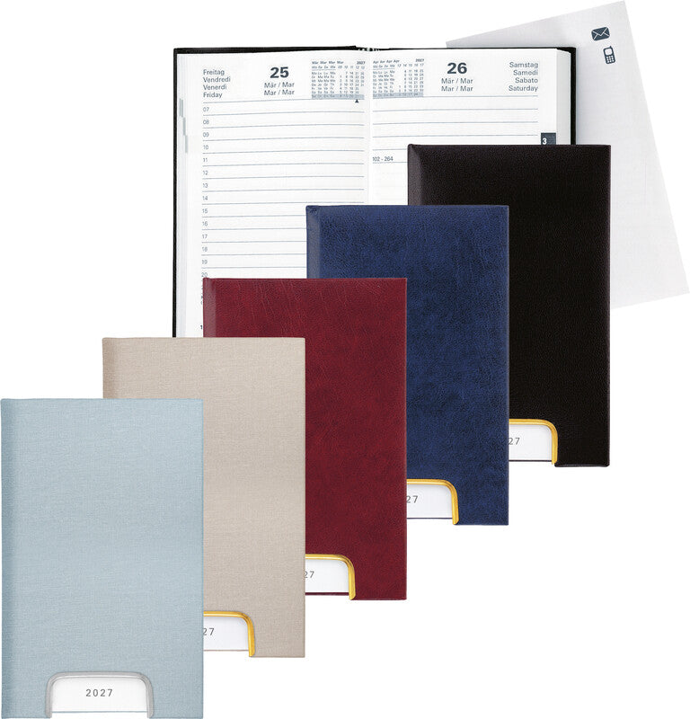 Biella Disponent Agenda – 1 Tag/Seite, gebunden, 10,1 × 16,0 cm, 2027, 1‑h‑Takt, mehrsprachig, hellblau, FSC