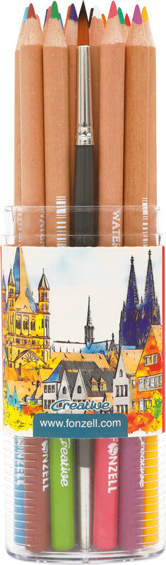 Fonzell Creative Aquarellfarbstifte-Set – 24 Farben, rund, Mine Ø 3,3 mm, Dreiecksetui, mit Pinsel