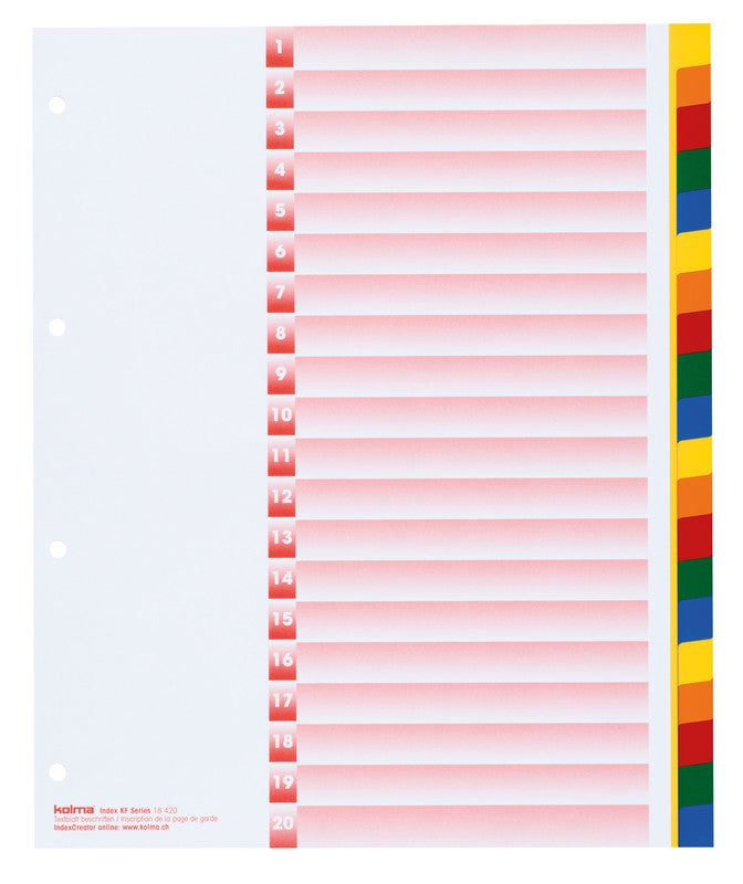 KolmaFlex XL Register – Vollformat überbreit, 20-teilig, PP, farbig, unbedruckt – für Zeigebuchtaschen