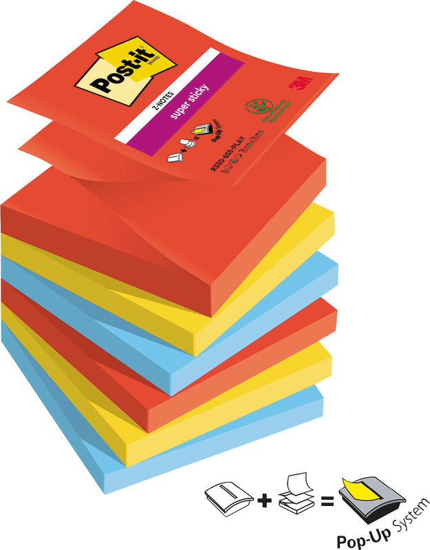 Post-it Super Sticky Haftnotizen – 76×76 mm – sortiert (ultrorot, ultragelb, paradiseblau), 6×90 Blatt