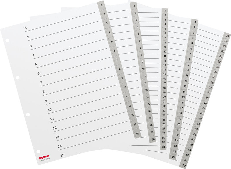 Kolma Register – A4, 15-teilig, PVC, grau, vorgedruckt, 4-fach Lochung, für A4-Ordner