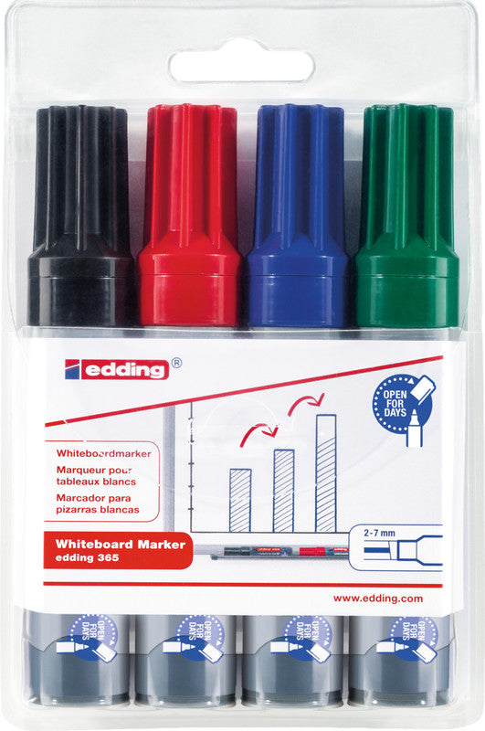 Edding Whiteboard-Marker 365 – Keilspitze 1-5 mm – sortiert – 4er-Set – trocken abwischbar