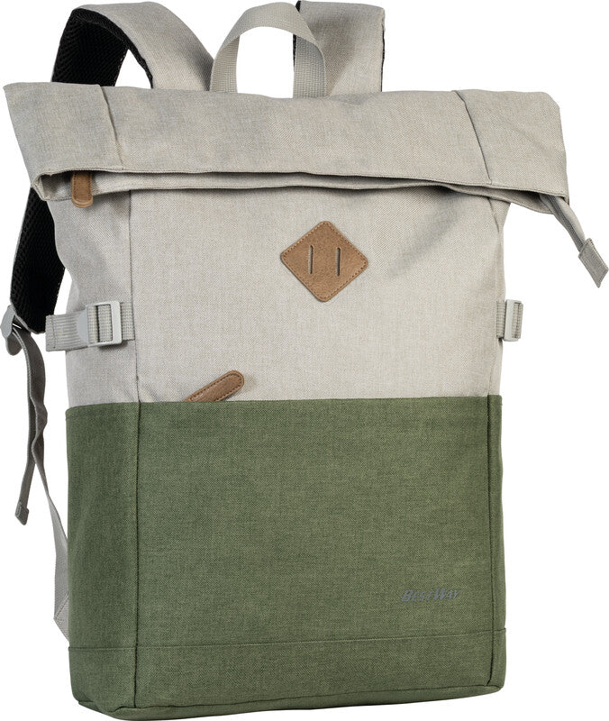 Bestway Notebook-Rucksack Campus Style Roll-Top – Polyester – Hellgrau/Khaki, 260 × 500–600 × 160 mm