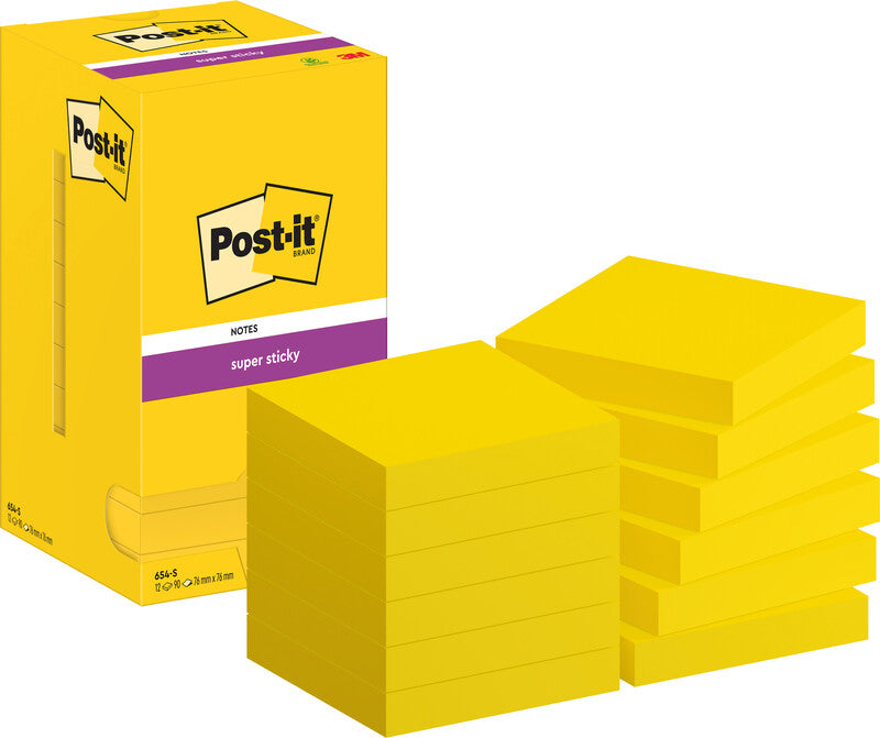 Post-it Super Sticky Haftnotizen – 76×76 mm – gelb, 12×90 Blatt, PEFC