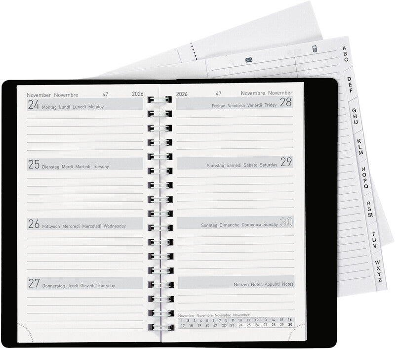 Biella Brüssel Agenda – 1 Woche/2 Seiten, Spiralbindung, 8,5 × 15,3 cm, 2026, Schwarz, FSC